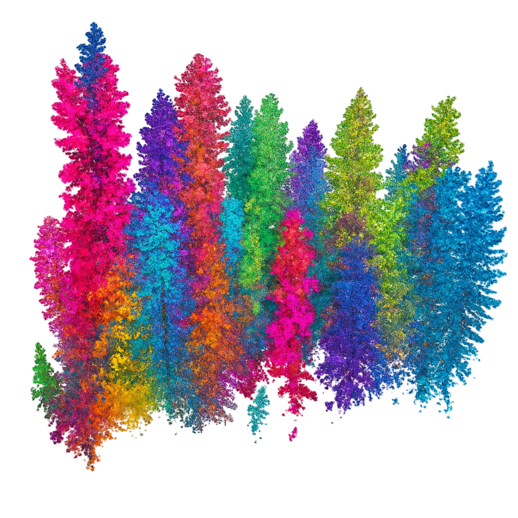 3D LiDAR forest scan with colorful tree annotations